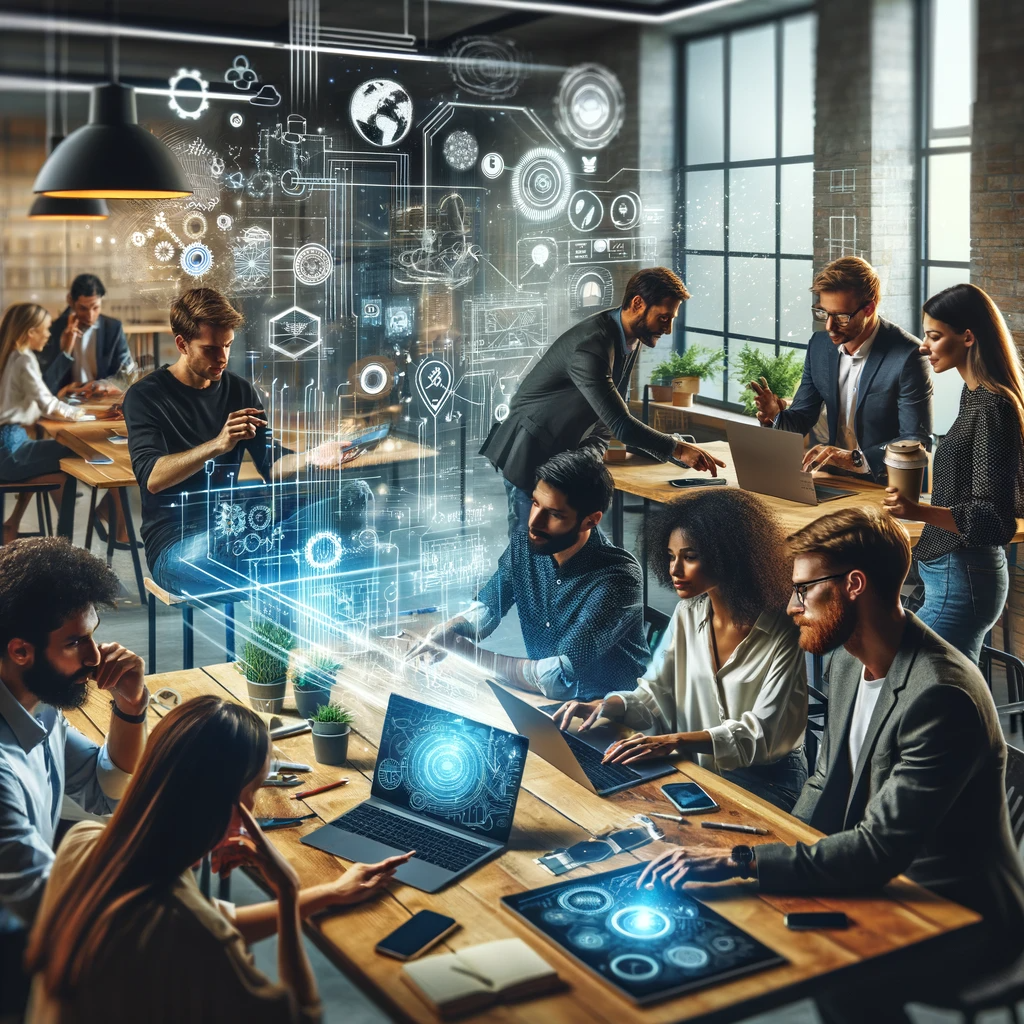 Digital art image of entrepreneurs working together in a high tech space